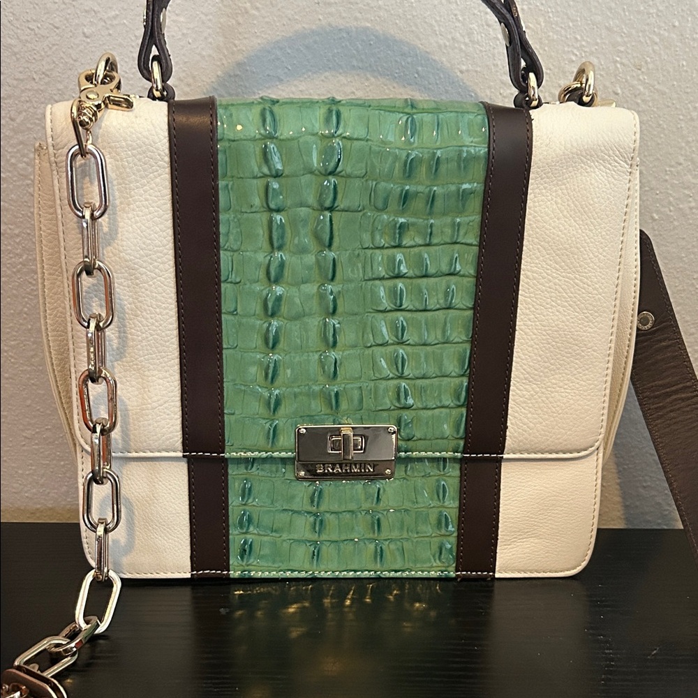 Brahmin Cream and Green Satchel